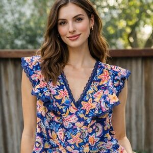 Nanette Lepore Floral Ruffle Blouse - Blue and Pink